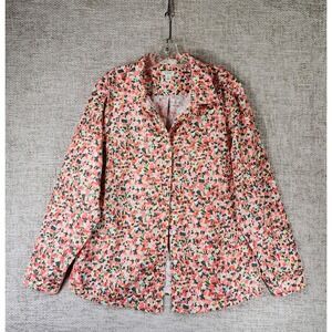 LL Bean Wrinkle Free Blouse Button Up Womens 1X Coral Green Floral Cotton EUC